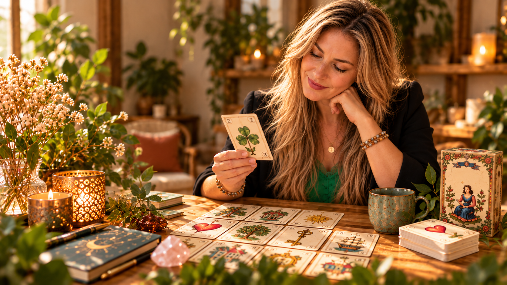 Àna, assise à sa table devant un tirage du Petit Lenormand, regarde en souriant la carte du Trèfle qu'elle tient en main